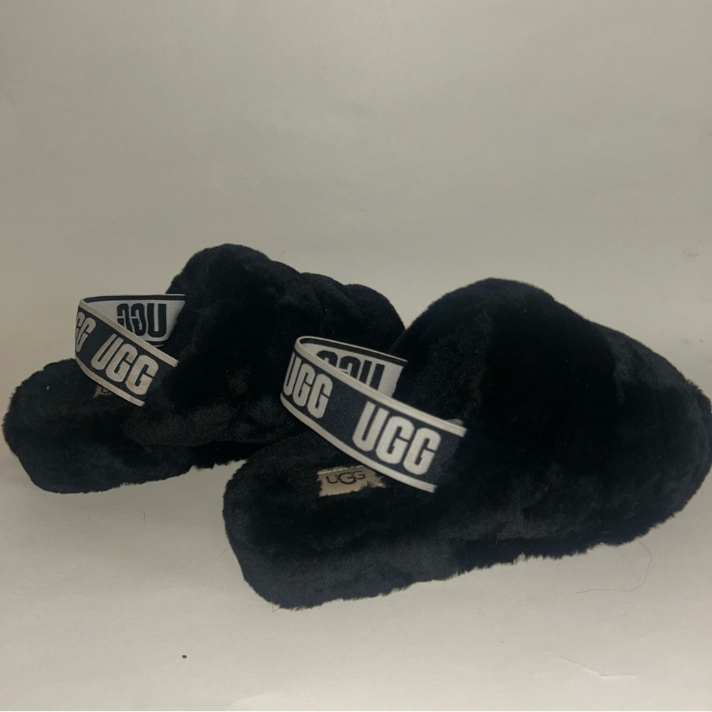 UGG Black Fluffy Slides with Logo Strap